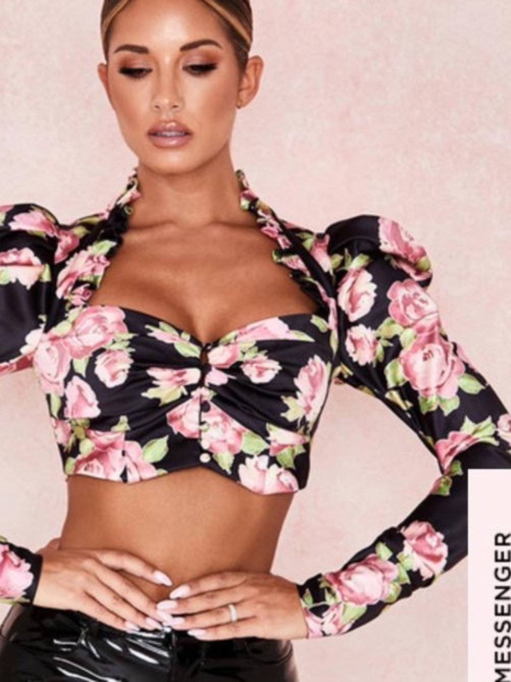 House of CB Black Floral Puff-Sleeve Crop Top never worn with no tags :(